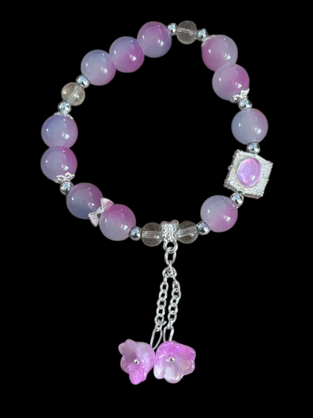 Pink Beaded Stretch Bracelet w/ Flower Charms. Silver Tone Hardware